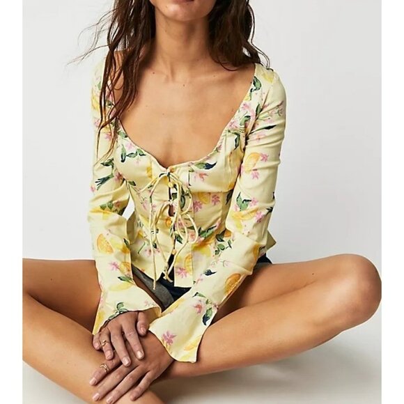 Free People Womens LG Kayla Pintuck Lemon Floral Top Milkmaid Croquette - Picture 1 of 10